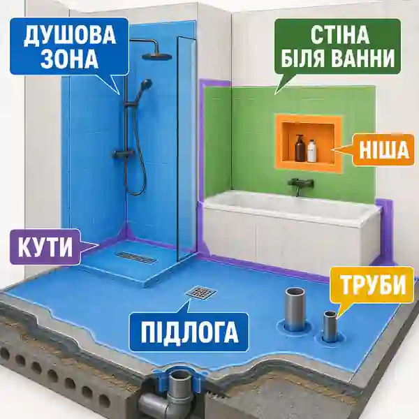 Схема мокрих зон ванної кімнати для гідроізоляції під плитку