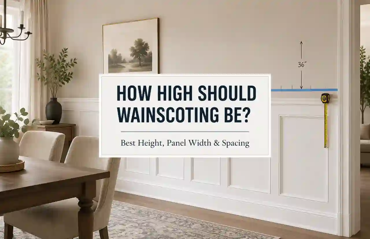 Living room wall with classic wainscoting showing finished height, equal panel widths and stile spacing