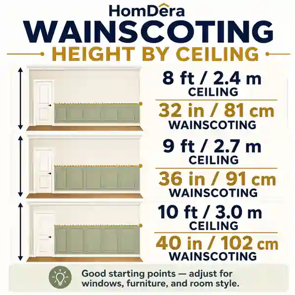 Comparison of wainscoting height on 8 foot, 9 foot, 10 foot and metric walls
