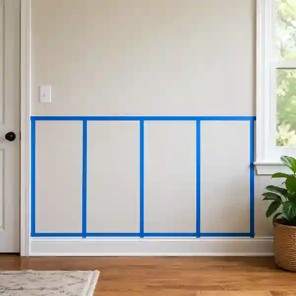Painter's tape mockup showing proposed wainscoting height and panel spacing around a wall switch and window