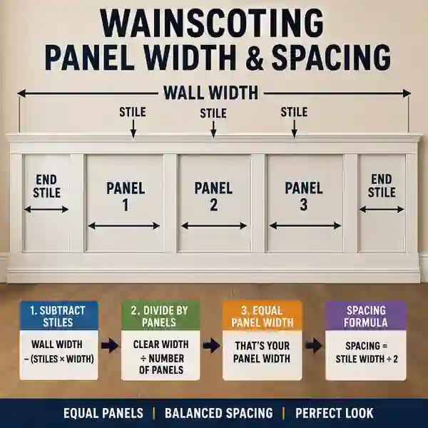 Wainscoting layout diagram showing wall width, equal clear panels, vertical stiles and center spacing