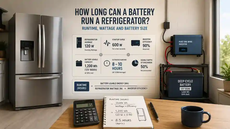 Refrigerator connected to a battery and inverter with runtime, wattage and battery capacity calculations