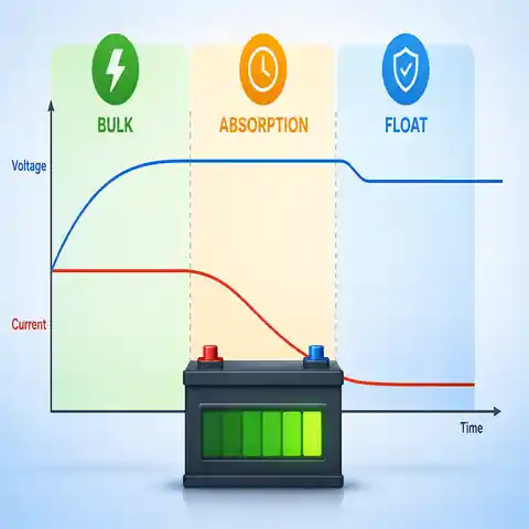 Battery charging curve showing bulk, absorption and float stages
