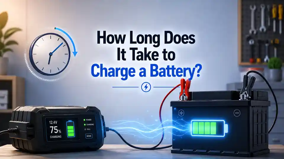 Battery charger connected to a home backup battery with charging time displayed