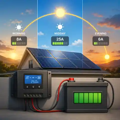 Solar battery charging current changing from morning to midday and evening