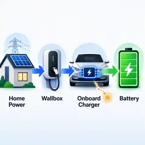 Home EV charging energy path from electrical supply through EVSE and onboard charger to the battery