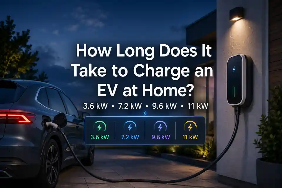 Home EV charging time comparison for 3.6 kW, 7.2 kW, 9.6 kW and 11 kW chargers