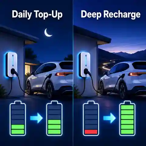 Overnight EV charging schedule comparing a daily top-up with recovery from a deeply discharged battery