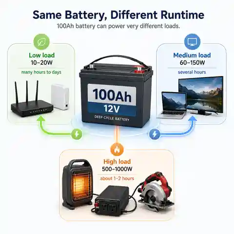 A 100Ah battery powering low, medium and high-wattage devices for different lengths of time