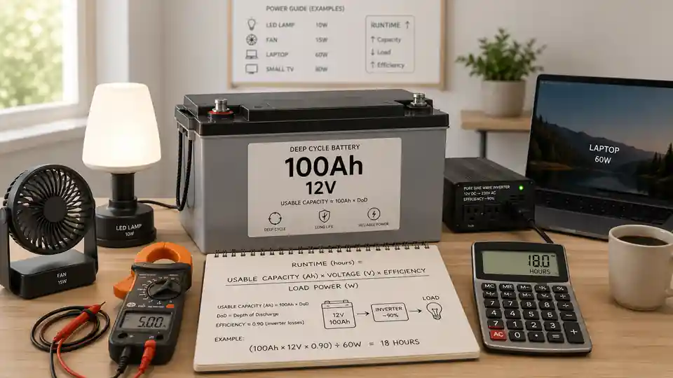 Calculating how long a 100Ah battery will last based on voltage, load, usable capacity and inverter efficiency