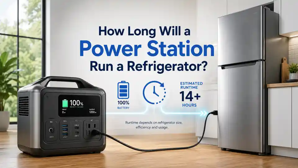 Portable power station running a refrigerator during a power outage with watt-hours and estimated runtime shown