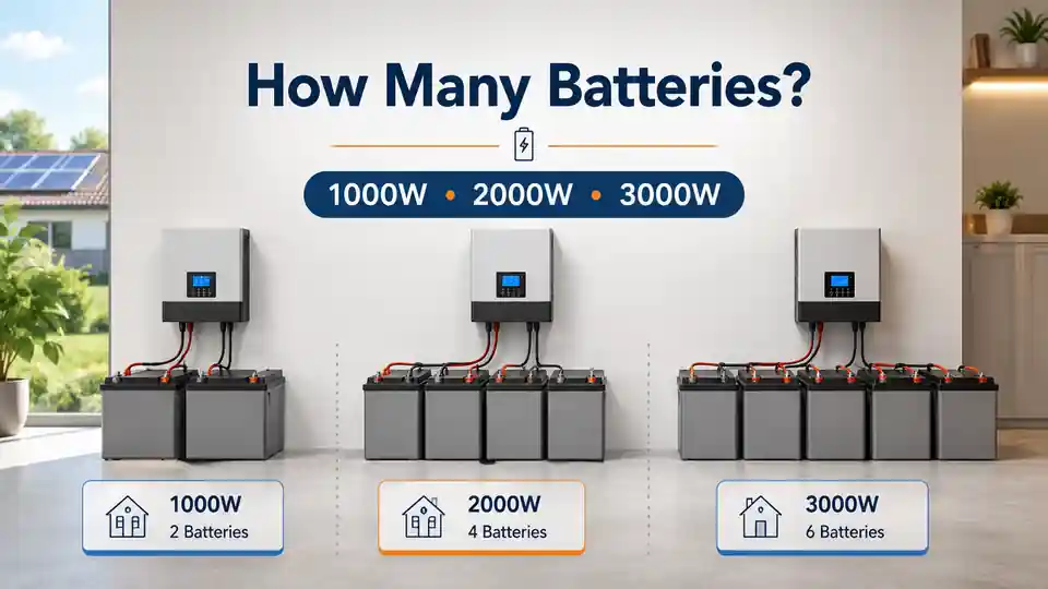 Battery banks sized for 1,000W, 2,000W and 3,000W inverters using load, runtime, voltage and usable capacity