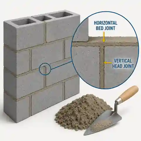 CMU mortar calculation comparing face-shell bedding, full bedding, bed joints and head joints