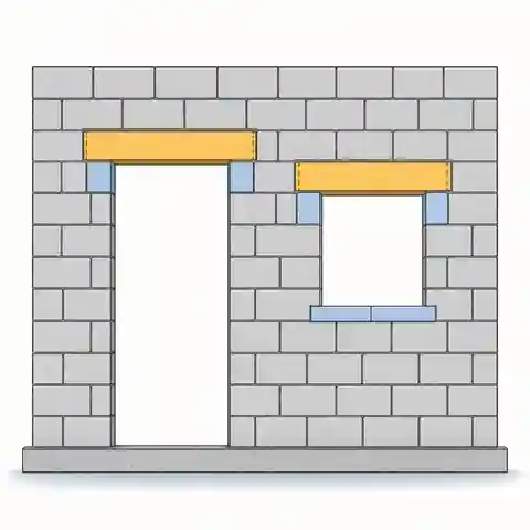 Concrete block wall layout around a door and window with full blocks, cut blocks, jambs and lintels