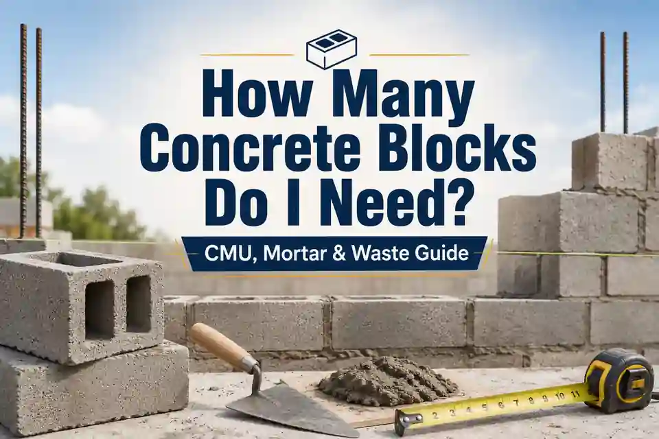 Concrete block wall quantity guide with CMU dimensions, mortar joints, openings and waste allowance