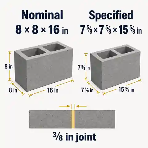 Nominal 8 by 8 by 16 inch CMU compared with specified 7 5/8 by 7 5/8 by 15 5/8 inch size and 3/8 inch mortar joints