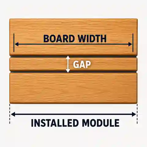 Two deck boards showing finished width, side gap and installed module