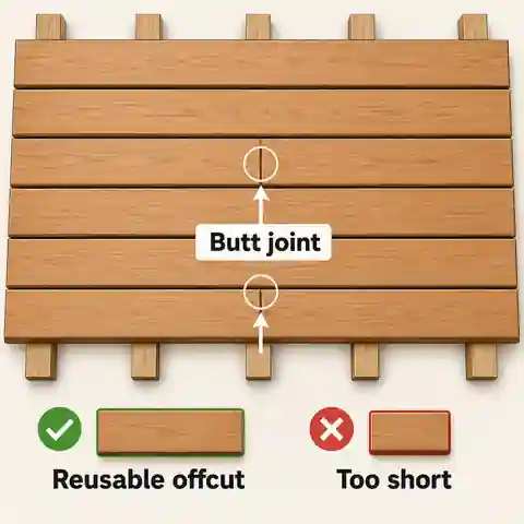 Cutting plan for 16 foot boards used in 20 foot deck rows with supported joints and reusable offcuts