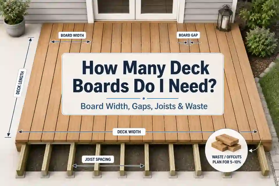 Deck board quantity plan showing deck dimensions, board direction, board width, gaps, joists, stock lengths and waste allowance