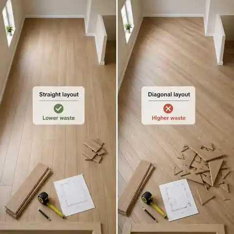 Straight and diagonal laminate flooring layouts showing different amounts of cutting waste