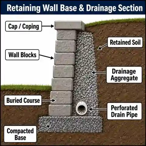 Retaining wall cross section showing cap, block courses, buried course, compacted base, drainage aggregate, perforated pipe and retained soil