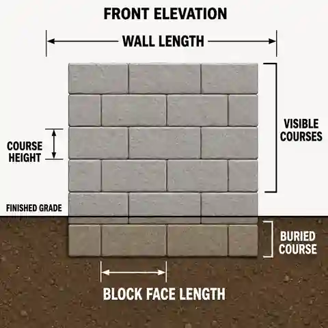 Retaining wall block diagram showing face length, course height, visible courses and one buried course