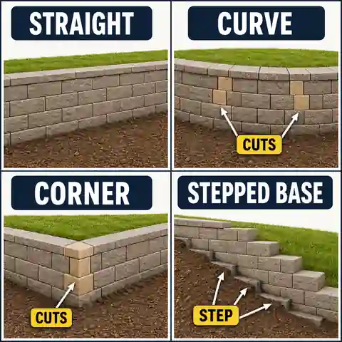 Retaining wall layout comparing a straight run, curve, corner and stepped base with block cuts