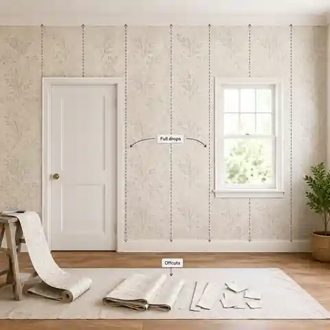 Full wallpaper drops positioned around a door and window with reusable and unusable offcuts