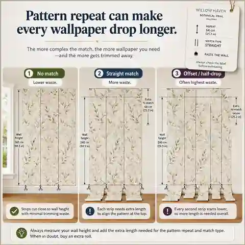 Wallpaper strips with no match, straight match and offset pattern repeat showing different cutting waste