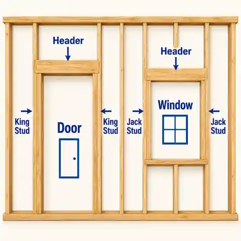 Door and window rough opening with king studs jack studs header sill and cripple studs labelled