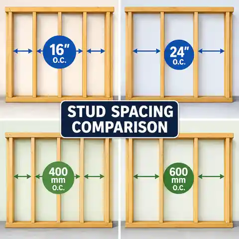 Side-by-side wall framing layouts at 16 and 24 inches and 400 and 600 millimetres