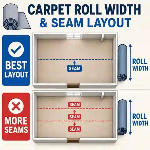Carpet roll layout diagram comparing one full-width strip with two strips and a seam