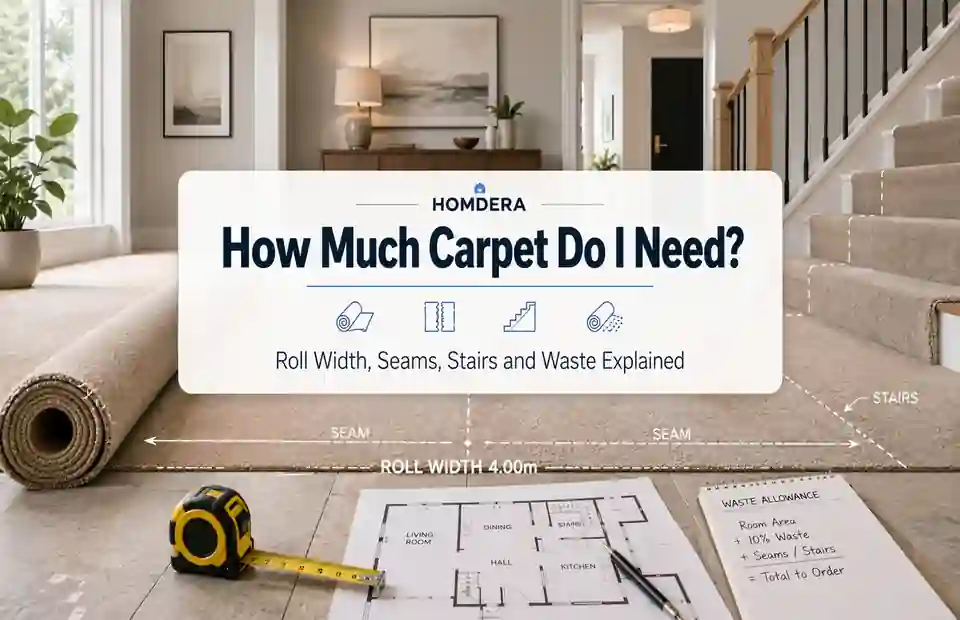 Carpet quantity planning with room measurements, roll width, seams, stairs, underlay and waste allowance