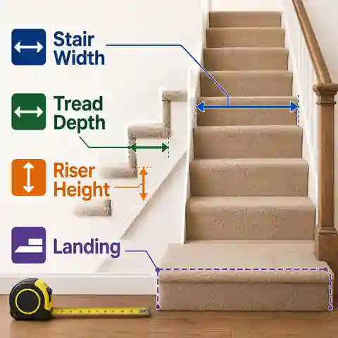 Measuring stair tread depth, riser height, stair width, nosing and landing for carpet