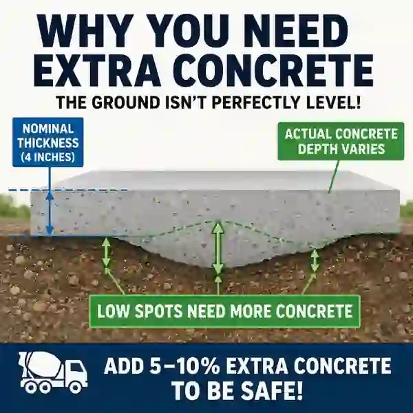 Concrete slab cross section showing nominal thickness and extra concrete filling low spots in the base