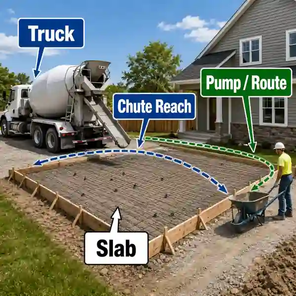 Ready mix concrete truck access and slab pour planning with chute pump and wheelbarrow routes