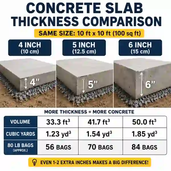 Comparison of 4 inch 5 inch and 6 inch concrete slabs with cubic yard quantities