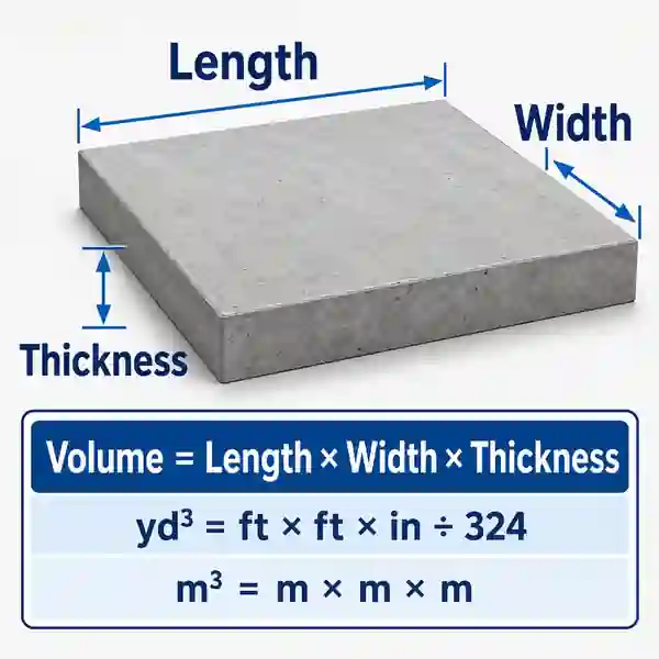 Concrete slab diagram showing length width thickness and volume calculation