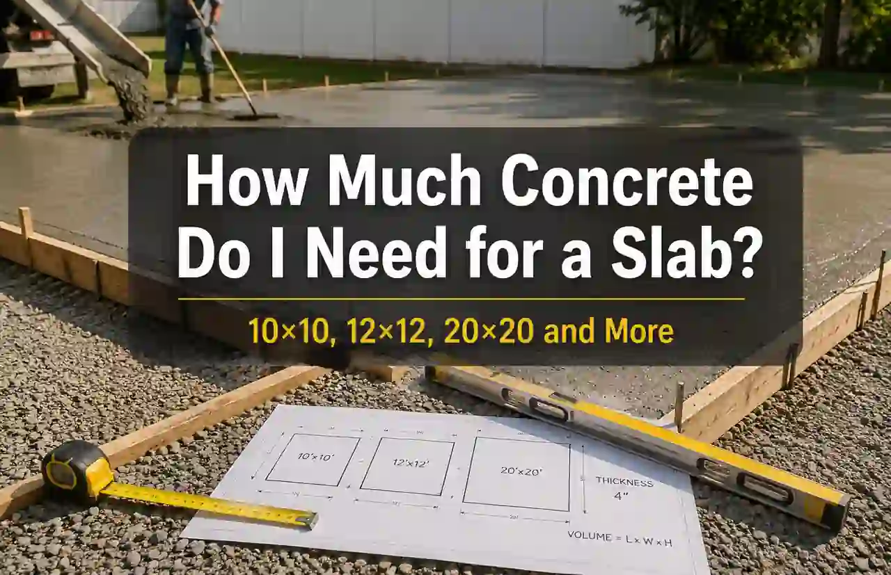 Concrete slab quantity comparison for 10 by 10, 12 by 12 and 20 by 20 slabs