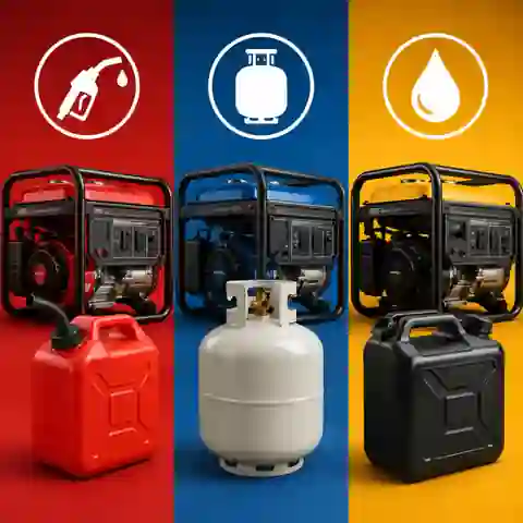 Gasoline, propane and diesel generator fuel containers compared by volume, weight and electrical load