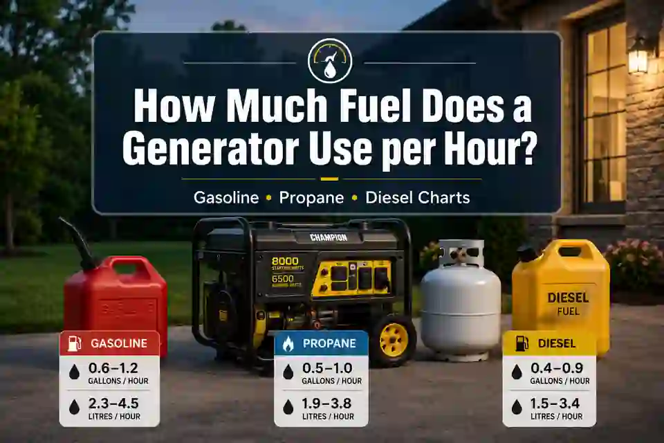 Portable generator with gasoline, propane and diesel fuel containers beside an hourly fuel consumption chart