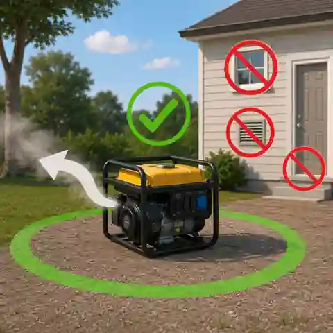 Portable generator outdoors with exhaust directed away from a house, doors, windows and ventilation openings