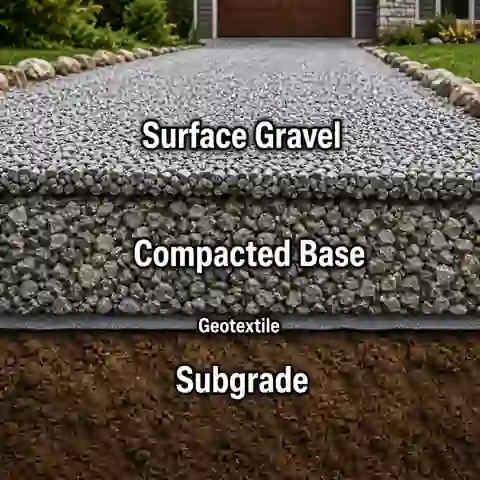 Driveway cross section showing subgrade, base aggregate and surface gravel layers