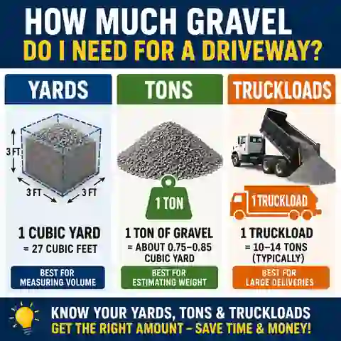 Driveway gravel estimate moving from area and depth to cubic yards, tons and truckloads