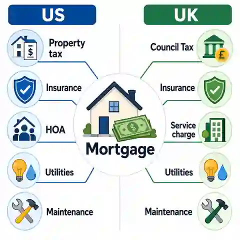 Monthly home ownership budget combining mortgage payment, taxes or council tax, insurance, shared-property charges, utilities and maintenance