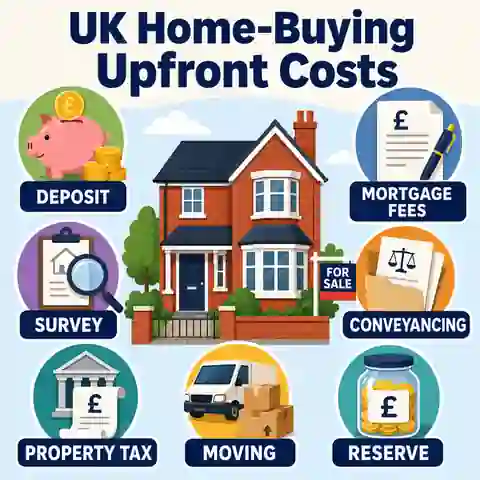 UK home-buying budget separating deposit, mortgage fees, survey, conveyancing, property tax, moving costs and reserve