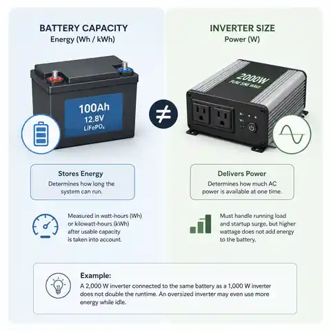Comparison of battery energy capacity in watt-hours and inverter power capacity in watts