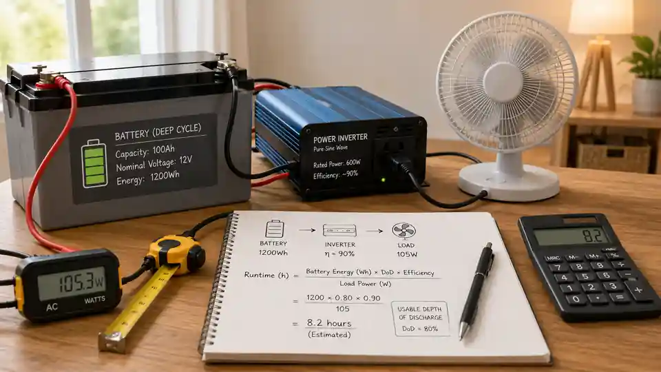 Battery connected to an inverter with a runtime calculation based on capacity, appliance wattage, efficiency and usable depth of discharge