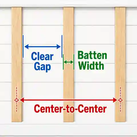 Diagram comparing clear gap, batten width and center-to-center spacing on a board and batten wall