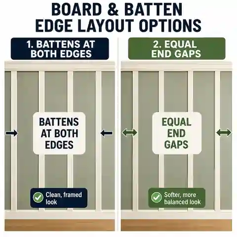 Side-by-side board and batten layouts with battens at both edges and with equal end gaps